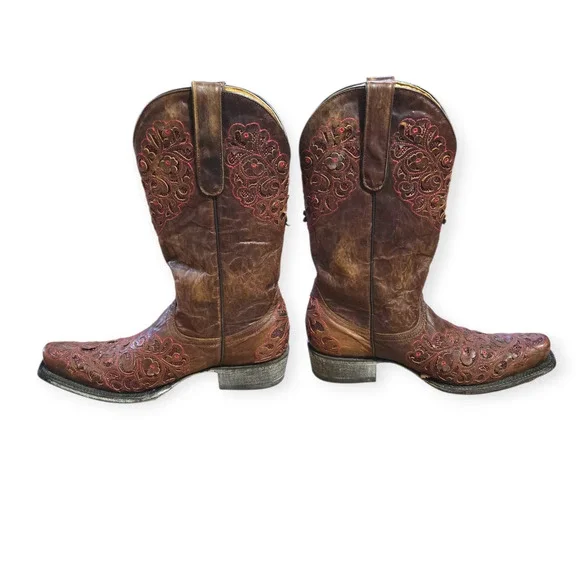 Old Gringo Brown Leather Pink Red Embroidered Floral Western Boots Size 8 - Picture 4 of 9
